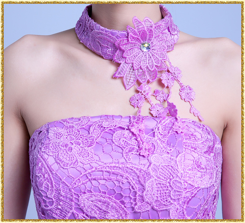 kudapy ชุดราตรีสั้นเกาะอกสีครีมเบจ/สีม่วง ผ้าลูกไม้ผสมซีทรู หน้าสั้นหลังยาว มีผ้าแต่งเป็นสร้อยคอติดดอกไม้ เดรสทรงสวยมากค่ะ
