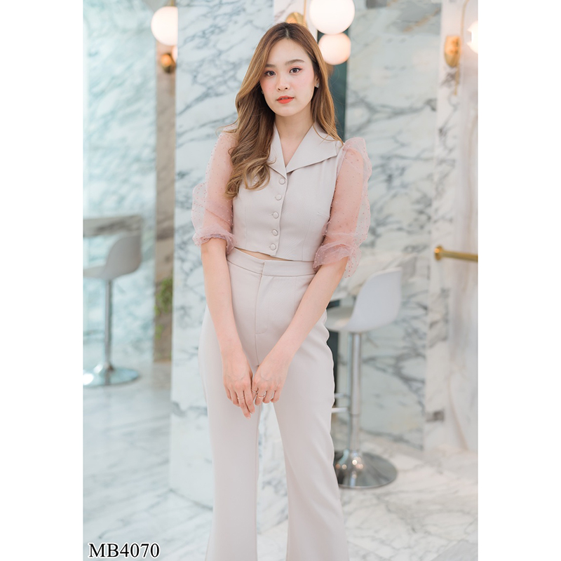 kudapy ชุดเซทเสื้อแขนยาวชีฟองสีดำ/สีครีม เข้าชุดกับการเกงขายาว ใส่สวยดูดี