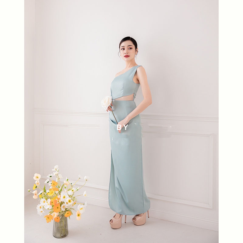 kudapy เดรสยาวน้ำตาลอิฐ / ชมพู / เขียว ดีเทลซีทรูคอดเข้าช่วงเอวบน ด้านข้างแหวกเป็นแบบรูดปรับระดับได้ตามชอบ