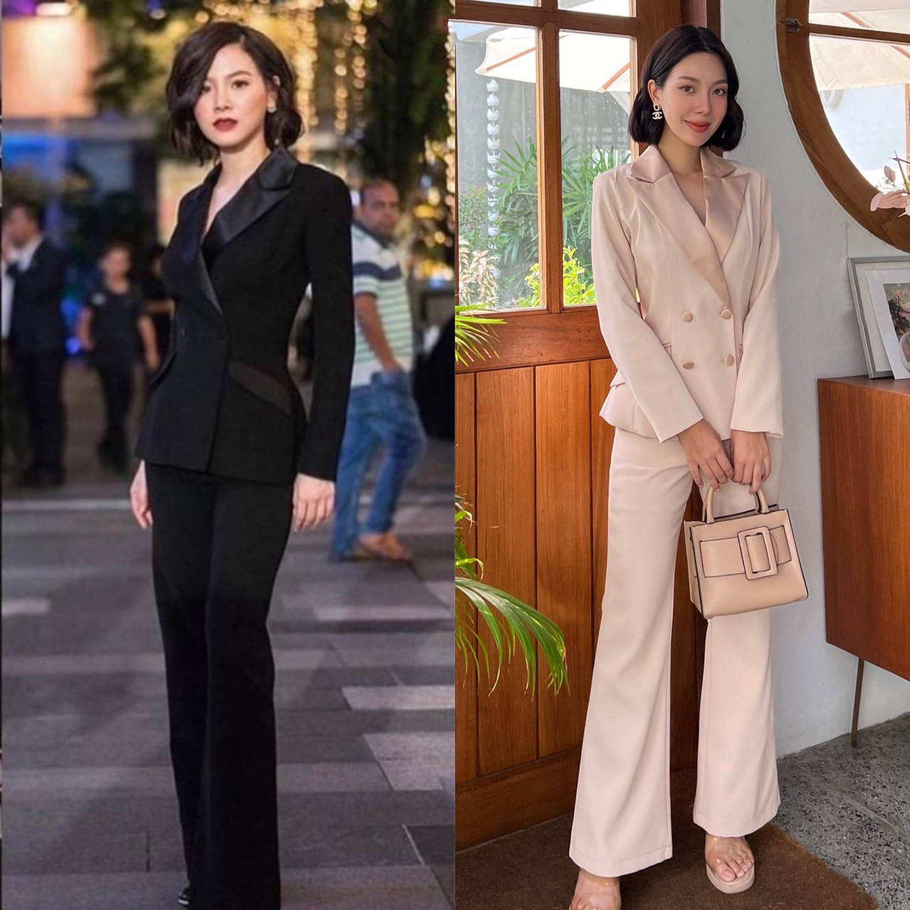 kudapy set suit สีดำ (Black), โรสโกลด์ (Rosegold) เสื้อเบเซอร์และกางเกงขายาว เรียบหรู เสื้อสูทแต่งปกผ้าเงาให้ดูเด่น ออกแบบกระเป๋าให้ใช้งานได้จริง