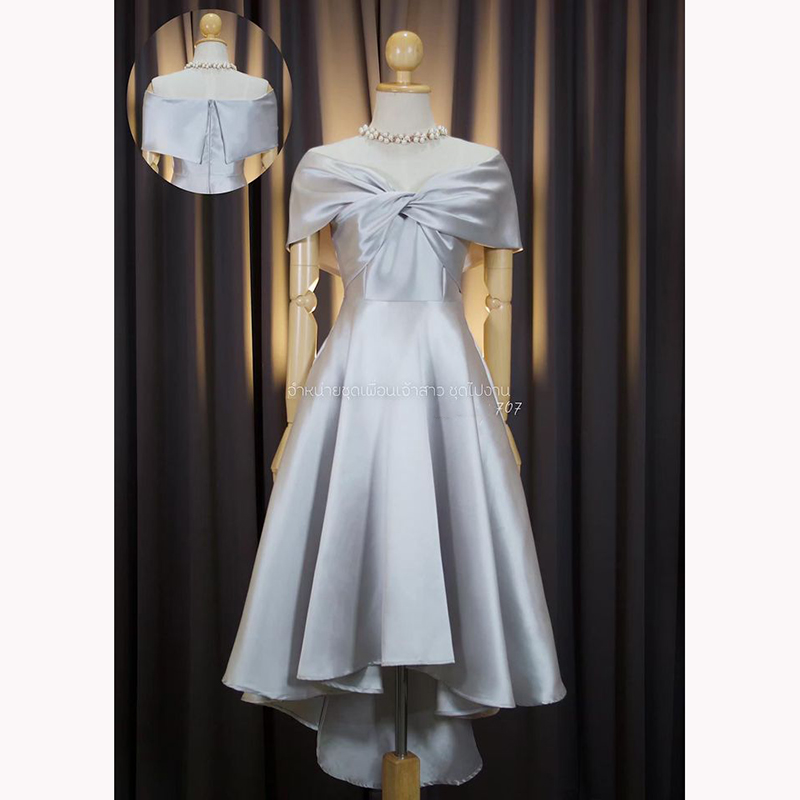 kudapy เดรสหน้าสั้นหลังยาวสีเขียว ทอง เทา ชม กรม แดง โรสโกล ขาว เปิดบ่าTwistอกใหญ่ ปิดพรางซ้อนแขน แบบอลังๆ แต่ไม่เวอร์วัง กระโปรงทรงหน้าสั้นหลังยาว