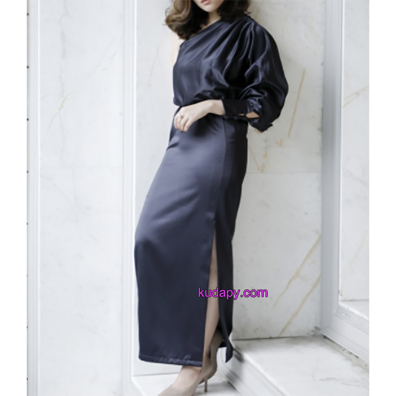kudapy เดรสราตรียาวใส่ออกงานสีเทา,น้ำเงินกรมท่า,แดงไวน์,ชมพูทอง เดรสทรงไหล่เดี่ยว แขนยาวใส่แบบกระทุ้งแขน ผ้าซาตินหนาอย่างดี