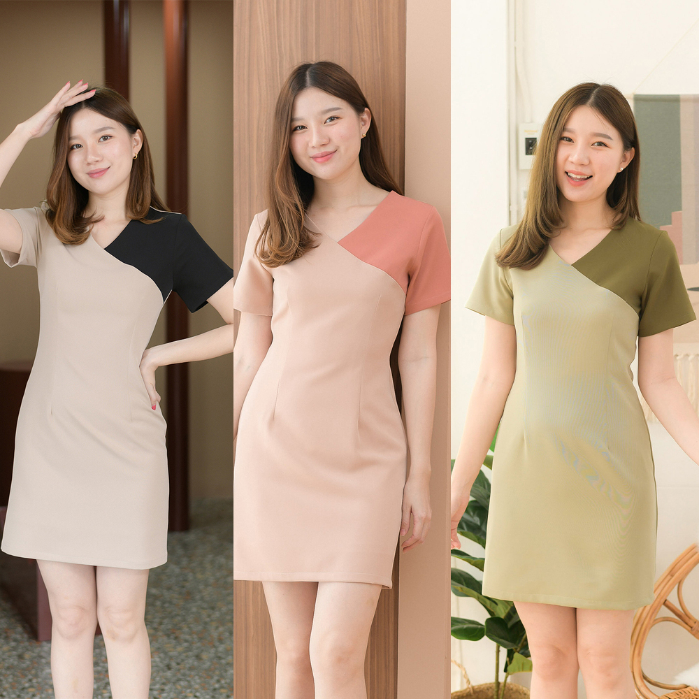 kudapy เดรสสั้นสีเบจ/สีเทา /ชมพูกะปิ /เขียวมัจฉะ เดรสคอวีแขนสั้น ดีไซน์ตัดต่อไหล่ซ้ายเล่นสีตัดกับตัวชุด จับเกล็ดใส่สวยเข้ารูป