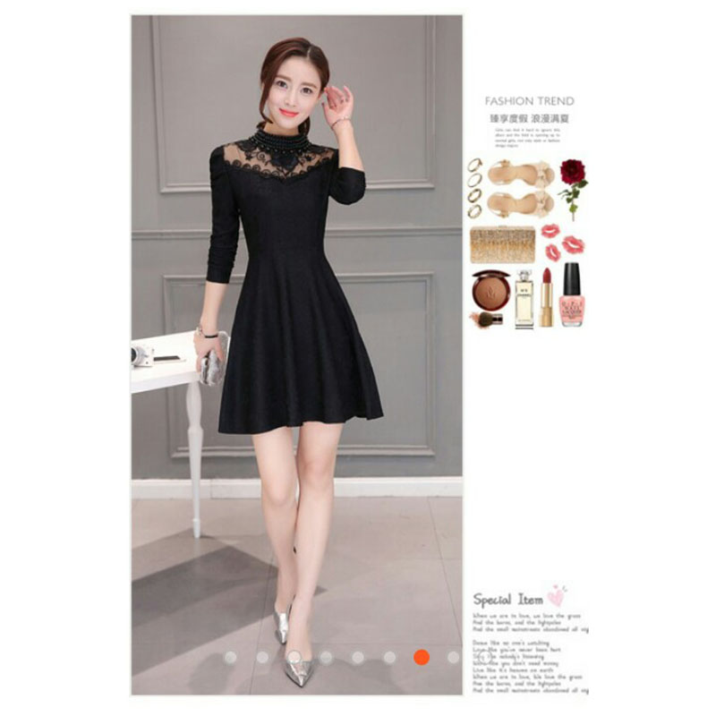 kudapy เดรสสั้นสสีดำ ลูกไม้เนื้อหนา แขนยาว เนื้อผ้าลูกไม้ทอลายดอกไม้สวยงานปักหรูหรา