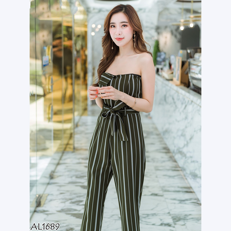 kudapy จั๊มสูทขายาวสีดำ,เขียว เกาะอกลายทางใส่สบายสวยดูดี