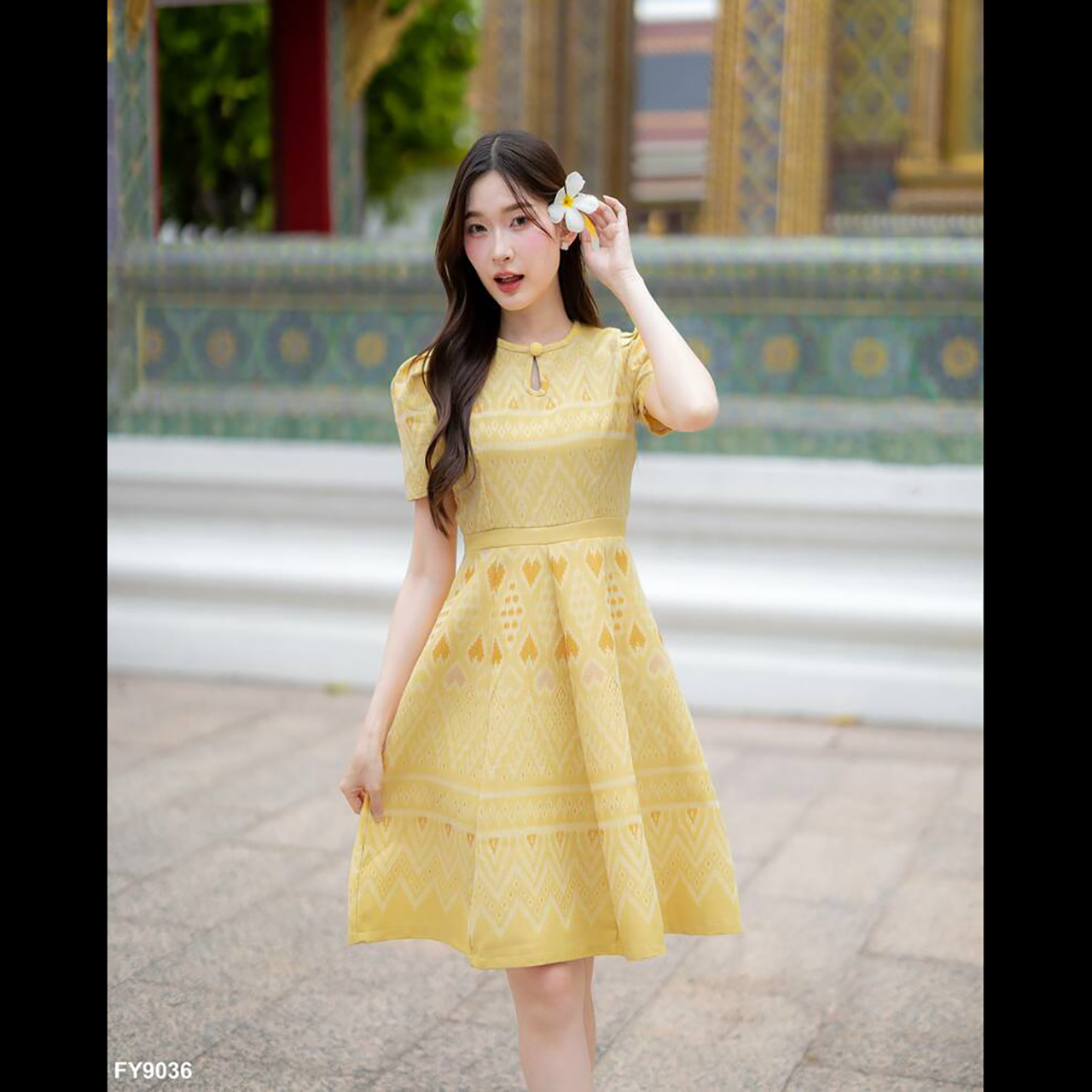 kudapy เดรสสั้นสีเหลือง/สีม่วง ผ้าไทยคอหยดน้ำกระโปรงบาน