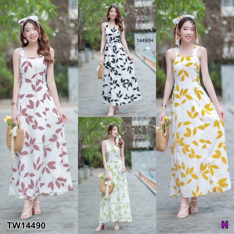 kudapy Maxi Dress เดรสสายเดี่ยวยาว สีชมพู ดำ เขียว เหลือง งานผ้าสลาฟพิมพ์ลายใบไม้ มีซิปซ่อนด้านหลัง มีซัปใน มีโบว์แยก 1 เส้น