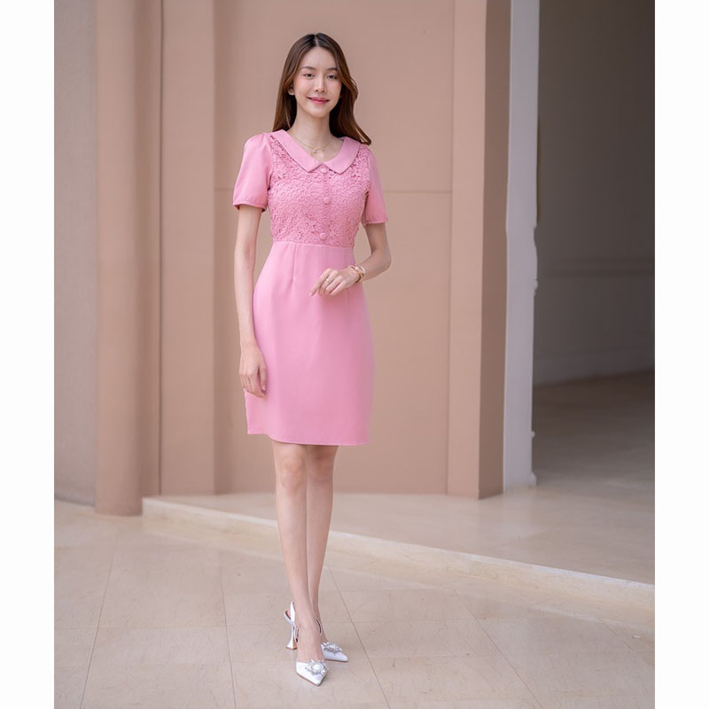 kudapy เดรสสั้นสีชมพู/สีฟ้า ผ้าทออกลูกไม้ ใส่ออกงานสวยดูดี น่ารัก