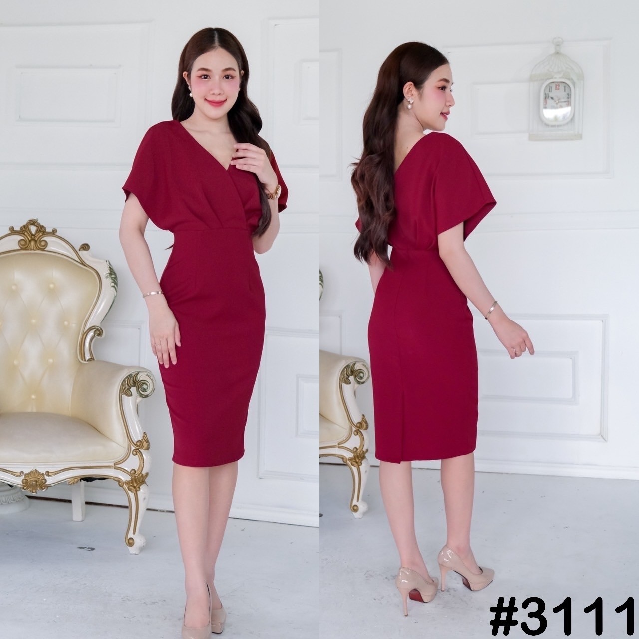 kudapy เดรสสั้น คอวี เปิดบ่า เนื้อผ้าเครปเกาหลี ดีเทลจีบเอว พรางแขน เรียบหรู กระโปรงทรงสอบ ผ่าหลังป้ายซ้อน ไม่โป๊