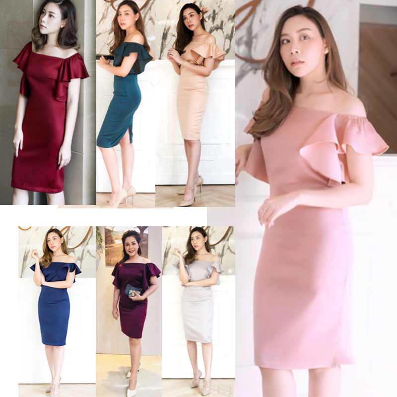 kudapy เดรสสั้นเปิดไหล่แต่งระบายรอบแขน สีเทา/สีทอง/ชมพูโรสโกลด์/กรมท่า/เขียว/แดงเบอร์กันดี้