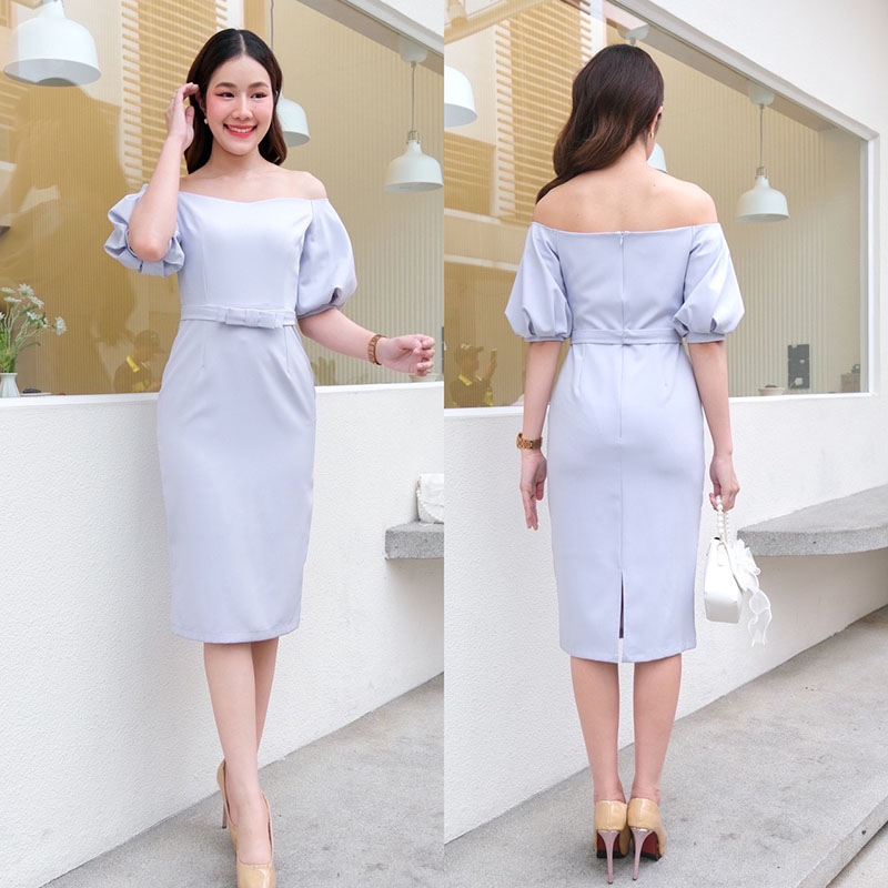 kudapy เดรสสั้นสีชมพูโอรส/สมิ้น/สีฟ้าอมเทา ทรงสอบ เปิดบ่าแขนพอง พร้อมเข็มขัดโบว์ กระโปรงสอบทรงดินสอ เก็บทรง ผ่าหลังเดินง่าย