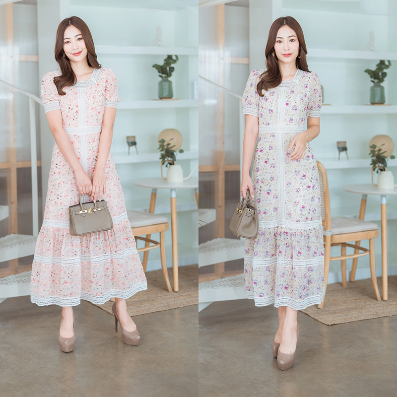 kudapy เดรสยาวสีครีม/ชมพู เกาหลีลายดอกปักทองใส่ออกงานสวยดูดีผ้าใส่สบาย