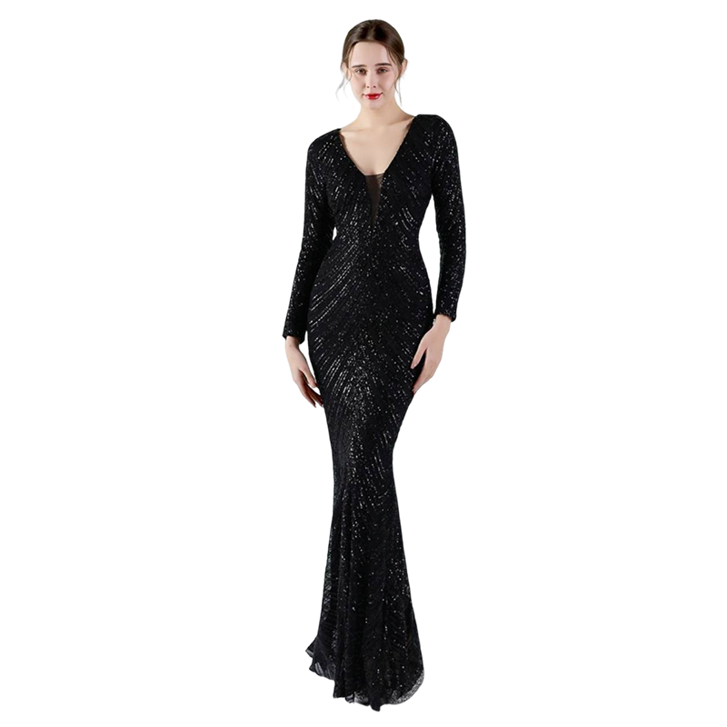 kudapy ชุดราตรียาวคอวีแขนยาวผ้ากริสเตอร์ทอแสง สีแดงเบอร์กันดี้ สีดำ สีเงิน สีชมพูโรสโกลด์ ผ้าขยายได้ สวมเข้ารูป ทรงสวย เรียบหรู มีบราเย็บติดข้างในชุด ซิปหลัง สำเนา