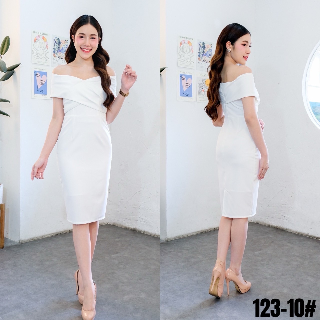 kudapy เดรสเปิดบ่าแถบใหญ่ จับจีบข้างอก กระโปรงสอบ ผ่าหลัง เรียบแต่เก๋ ใส่ง่าย