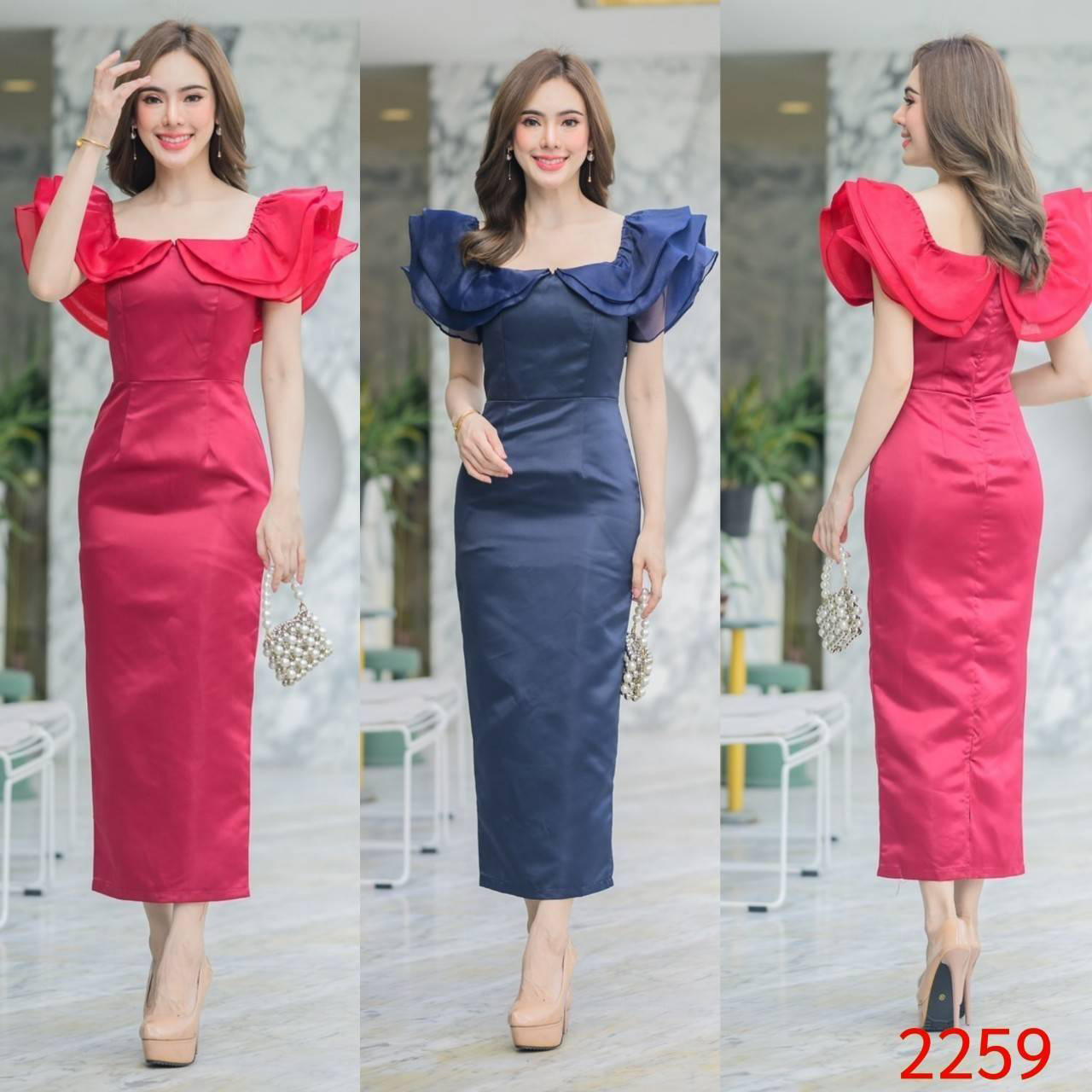 kudapy maxi เดรสยาวสีแดง/สีกรม ผ้าซาตินเกรดหนา ใส่เปิดไหล่คลุมไหล่ ใส่ออกงาน