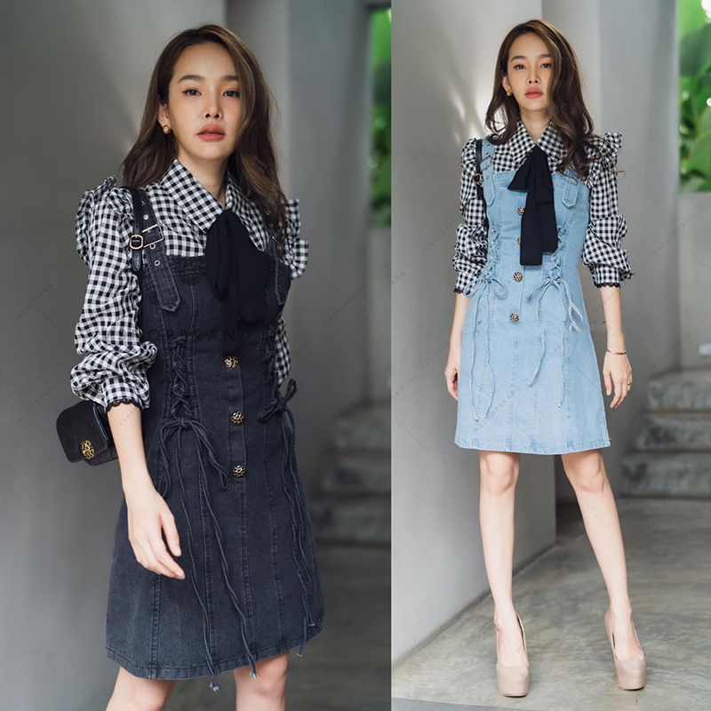 kudapy เชิ้ตผ้าสก็อตสีดำ/สียีนส์ฟ้า แมทเอี๊ยมยีนส์ ใช้ผ้ายีนส์ชนิดยืดใส่สบายมากๆ