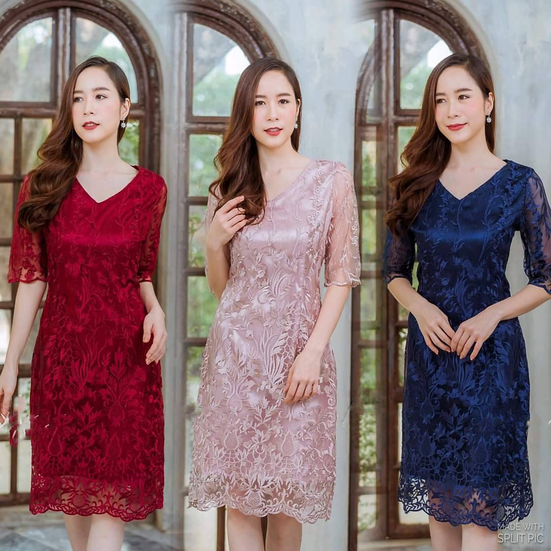 kudapy ชุดเดรสไปงานคอวีปักเลื่อมสีแดง/สีชมพูโรสโกลด์/สีน้ำเงินกรมท่า เดรสสั้นลูกไม้ งานซับใน ซิบหลัง