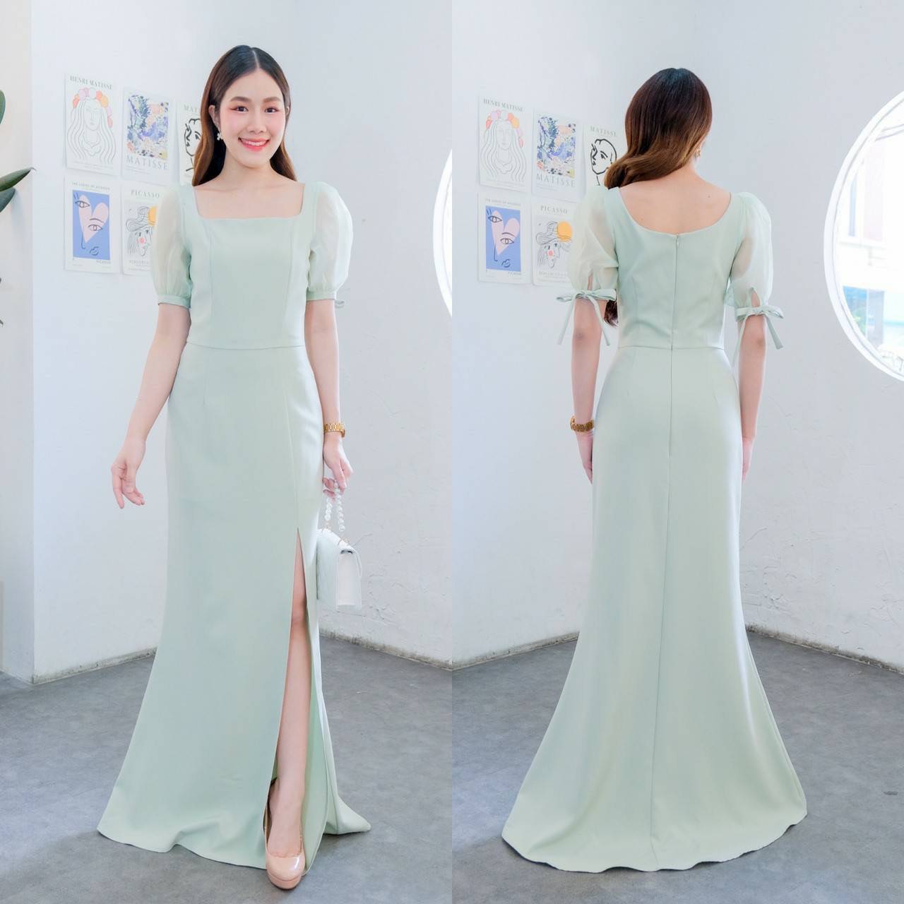 kudapy เดรสยาวสีน้ำเงิน/สีขาว/สีชมพูเข้ม/สีชมพูอ่อน/สีเขียวอ่อน/สีครีม เดรสยาวผ้าไหมซาติน แขนตุ๊กตาสั้นคอลูก ใส่เปิดไหล่ สวยดูดี เดรสออกงาน