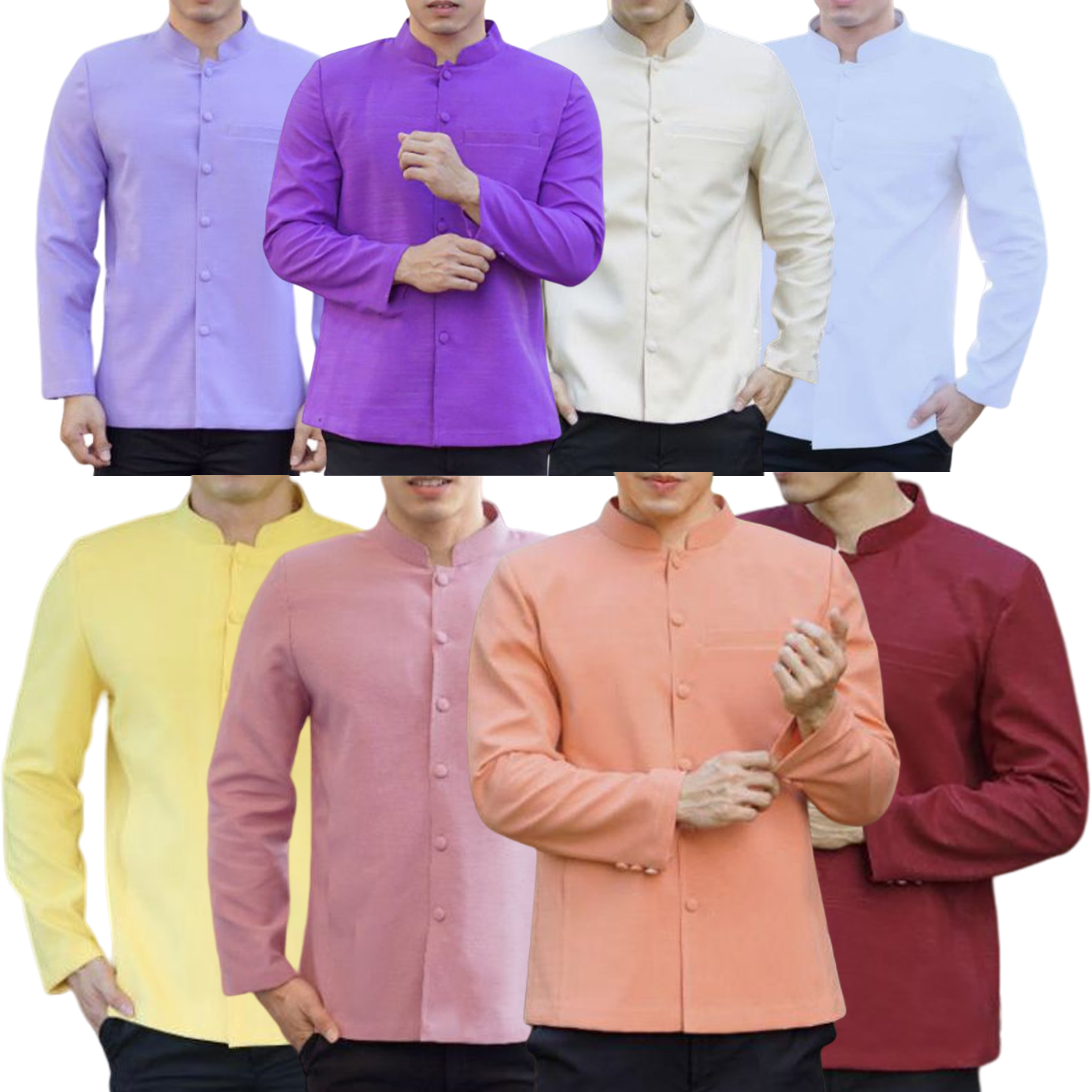 kudapy เสื้อคอพระราชทาน เสื้อท่านชายผ้าไหมสีม่วงเข้ม,ม่วงอ่อน ,ครีม ,ส้มชาเย็น ,แดงเลือดหมู ,เหลืองนวล ,ขาว ,ชมพูกะปิ ผ่าหน้า แขนยาว มีกระเป๋าด้านซ้ายบน (อัดผ้ากาว มีฟองน้ำเสริมไหล่)