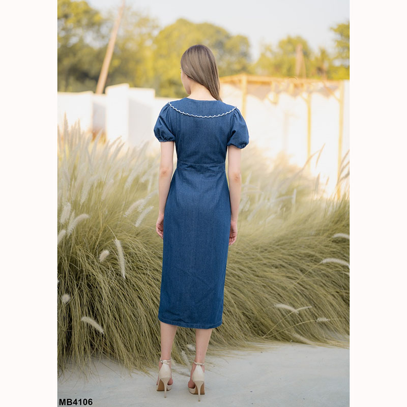 kudapy เดรสยีนส์ยาวสีกรม/สีฟ้า คอปกแต่งลูกไม้ กระดุมหน้า ใส่สบายสวยดูดี