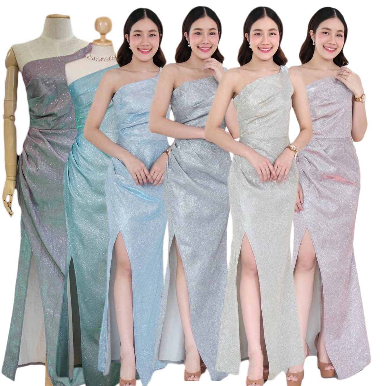 kudapy เดรสยาวสีเขียวอมม่วง/สีฟ้า/สีทองแชญ/สีเทาเงิน/สีเขียวมิ้นท์/สีชมพูพริ้งโกล บ่าเดี่ยวจับจีบช่วงเอว ผ่ากระโปรงสาบทบหน้า
