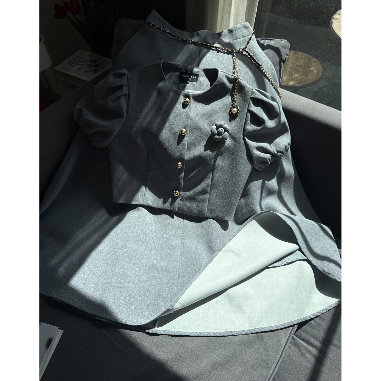 kudapy เซ็ทเสื้อแขนตุ้กตา เสื้อ กระโปรงเอวสูง เข็มกลัดดอกไม้ เข็มขัดโซ่