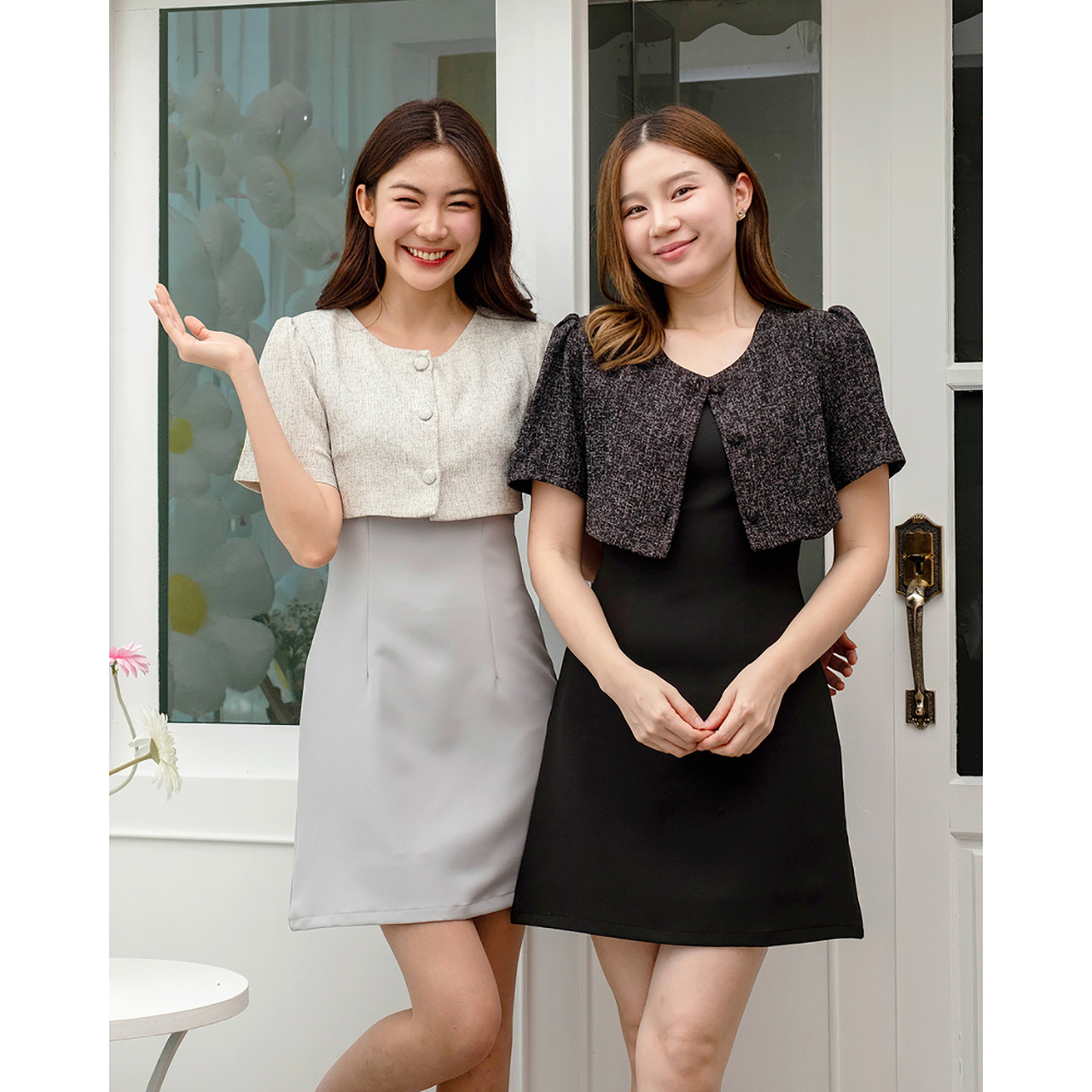 kudapy เดรสแขนสั้นคอกลม ตัดต่อผ้าทวีด เหมือนใส่เดรสคลุมด้วยเสื้อครอป ติดกระดุมปั๊มสวย