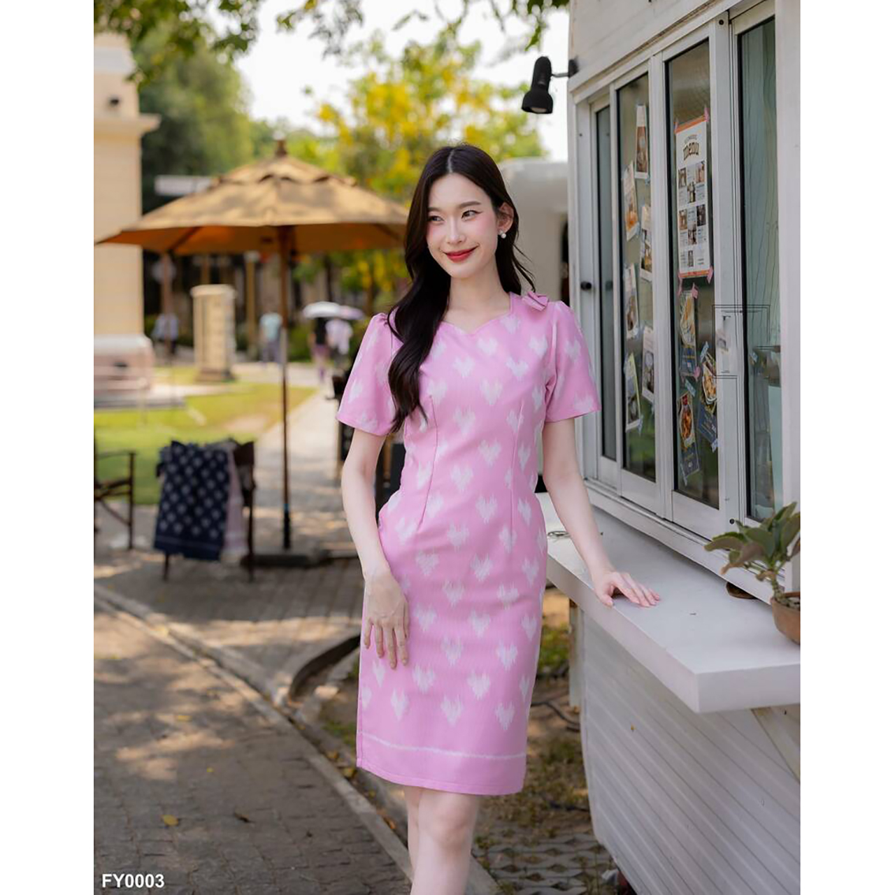 kudapy เดรสสั้นสีชมพู/สีกรม ผ้าไทยลายหัวใจ ใส่ทำงาน ใส่ออกงานสวยดูดี