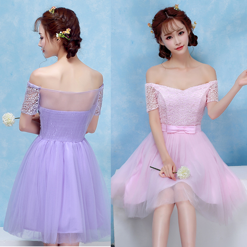 kudapy ชุดราตรีสั้นสีม่วง/สีชมพู เปิดไหล่ แขนสั้น ช่วงบนเป็นผ้าลูกไม้ ทรงสวยมาก
