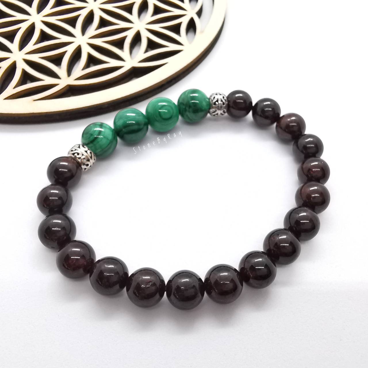 สร้อยข้อมือหินมาลาไคต์ร้อยกับหินโกเมน Malachite+Garnet