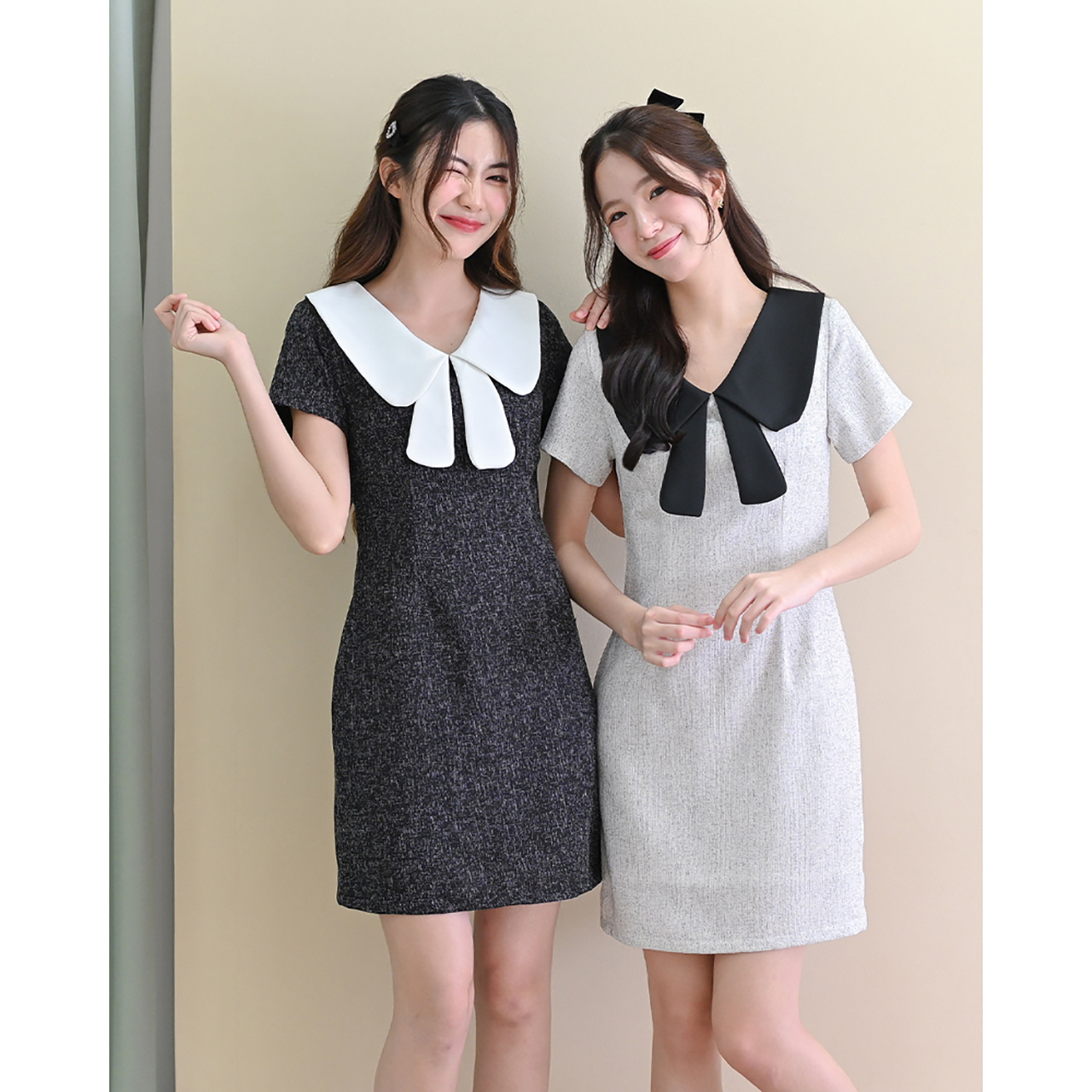 kudapy เดรสทรงเอแขนสั้น เนื้อผ้าทวีดมีกิมมิคลายทอ ตัดต่อเล่นสีคอปก แต่งชายโบว์ที่คอเพิ่มความน่ารัก