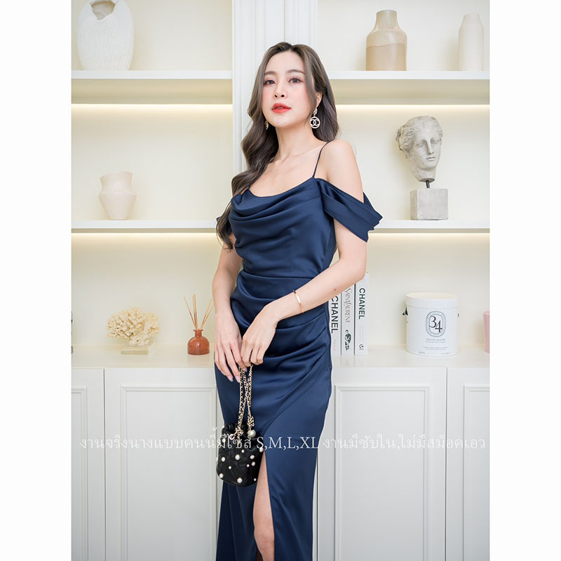 kudapy เดรสยาวเปิดไหล่ใส่ออกงาน สีชมพู/สีกรม/สีน้ำตาลอิฐ/สีแดงเลือดหมู ซับในทั้งชุด ผ้าเครปซาตินเนื้อดี