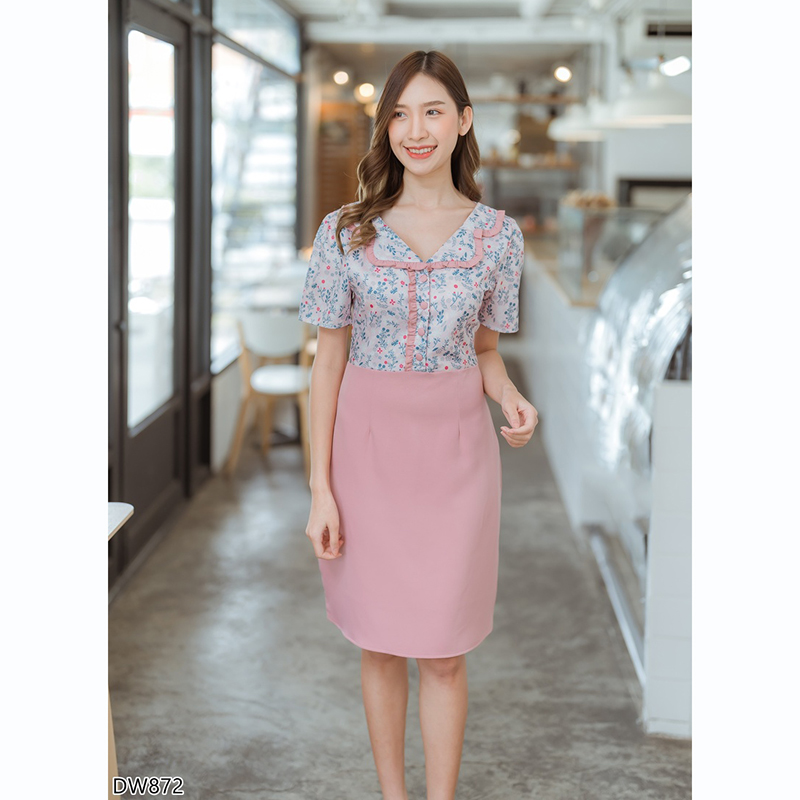 kudapy เดรสสั้นสีเขียว/สีชมพู/สีกรม คอบัวลายดอก ใส่สบายสวยดูดี