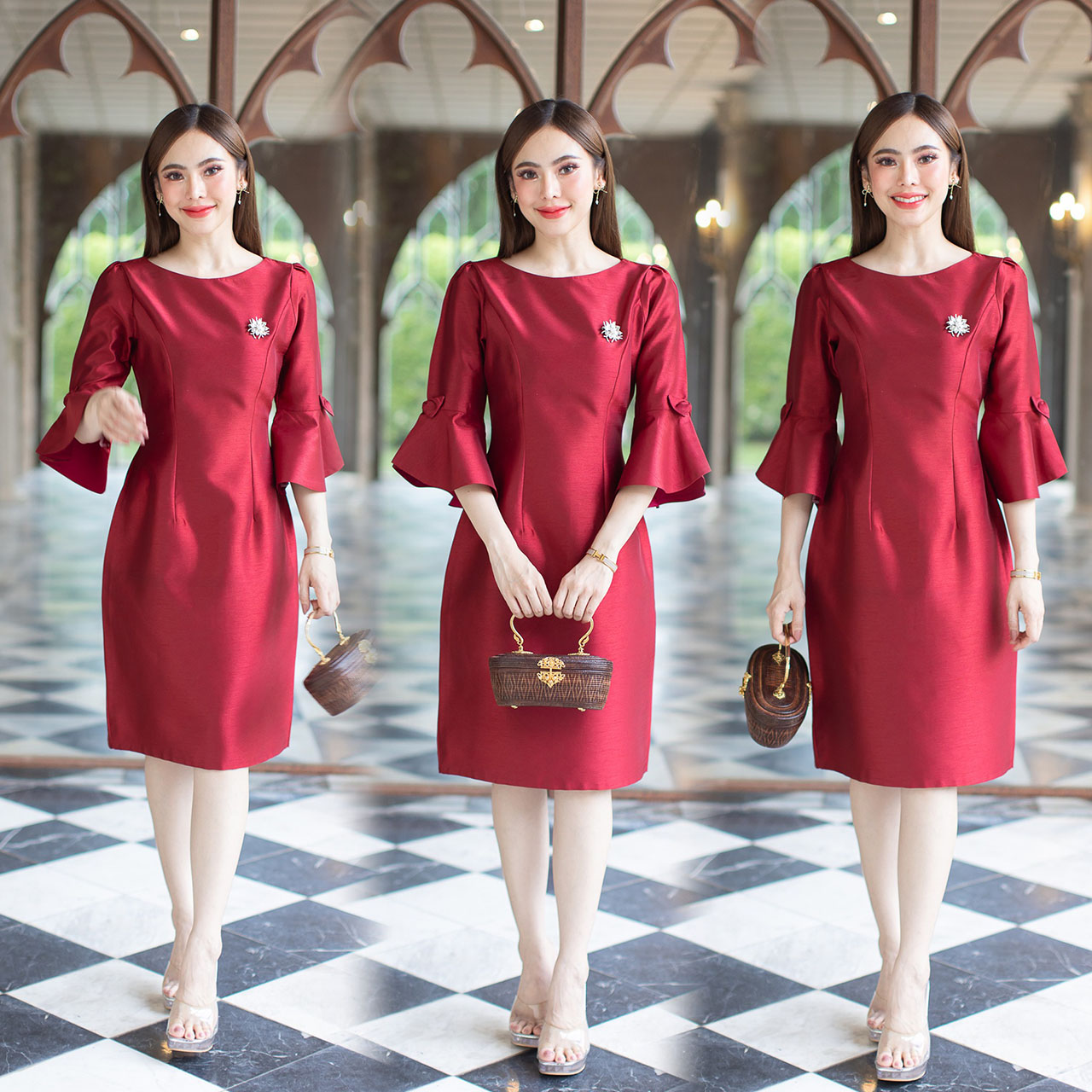 kudapy เดรสสั้นสีน้ำตาล/สีดำ/สีแดง/สีม่วง งานไหม 4 เส้น อัดกาวทั้งตัว ทรงสวยใส่ออกงาน