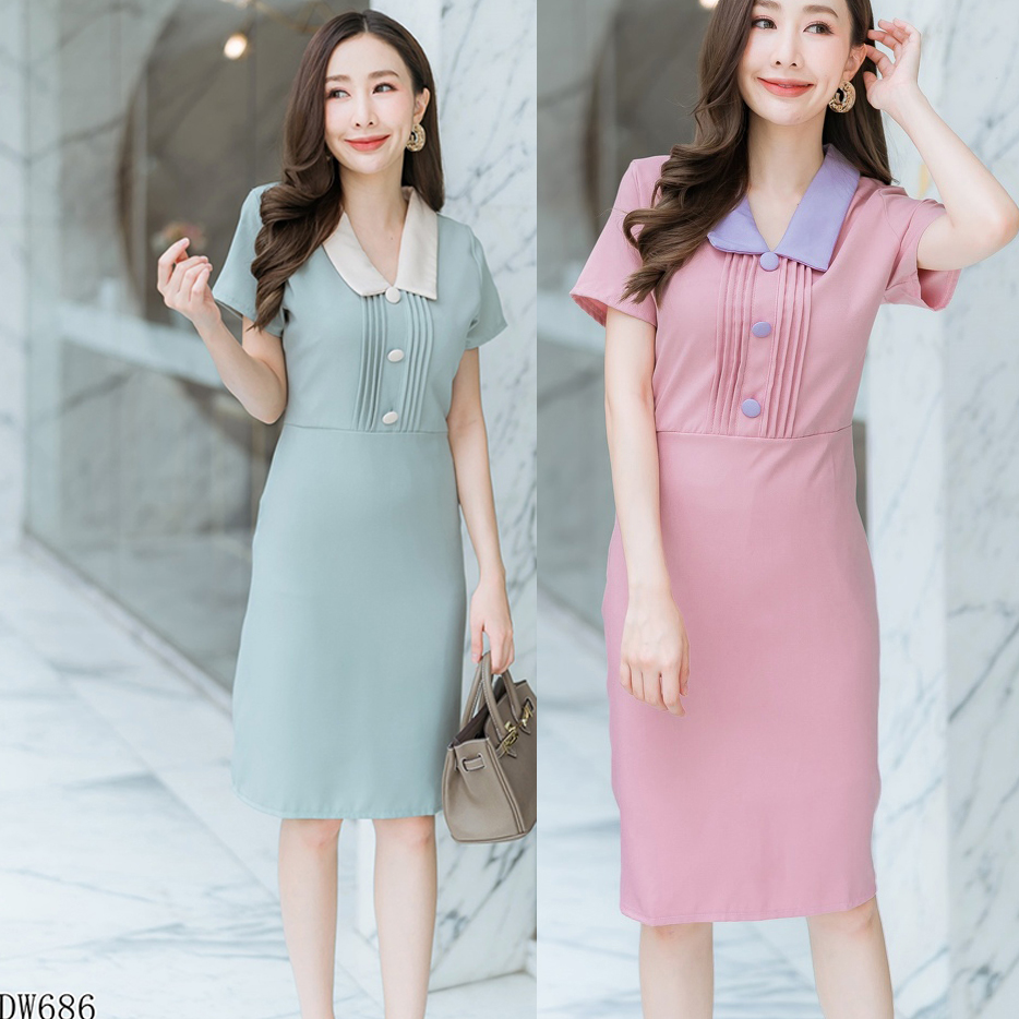 kudapy เดรสสั้นสีเขียว คอปกจีบอกเนื้อผ้าดีใส่สบาย