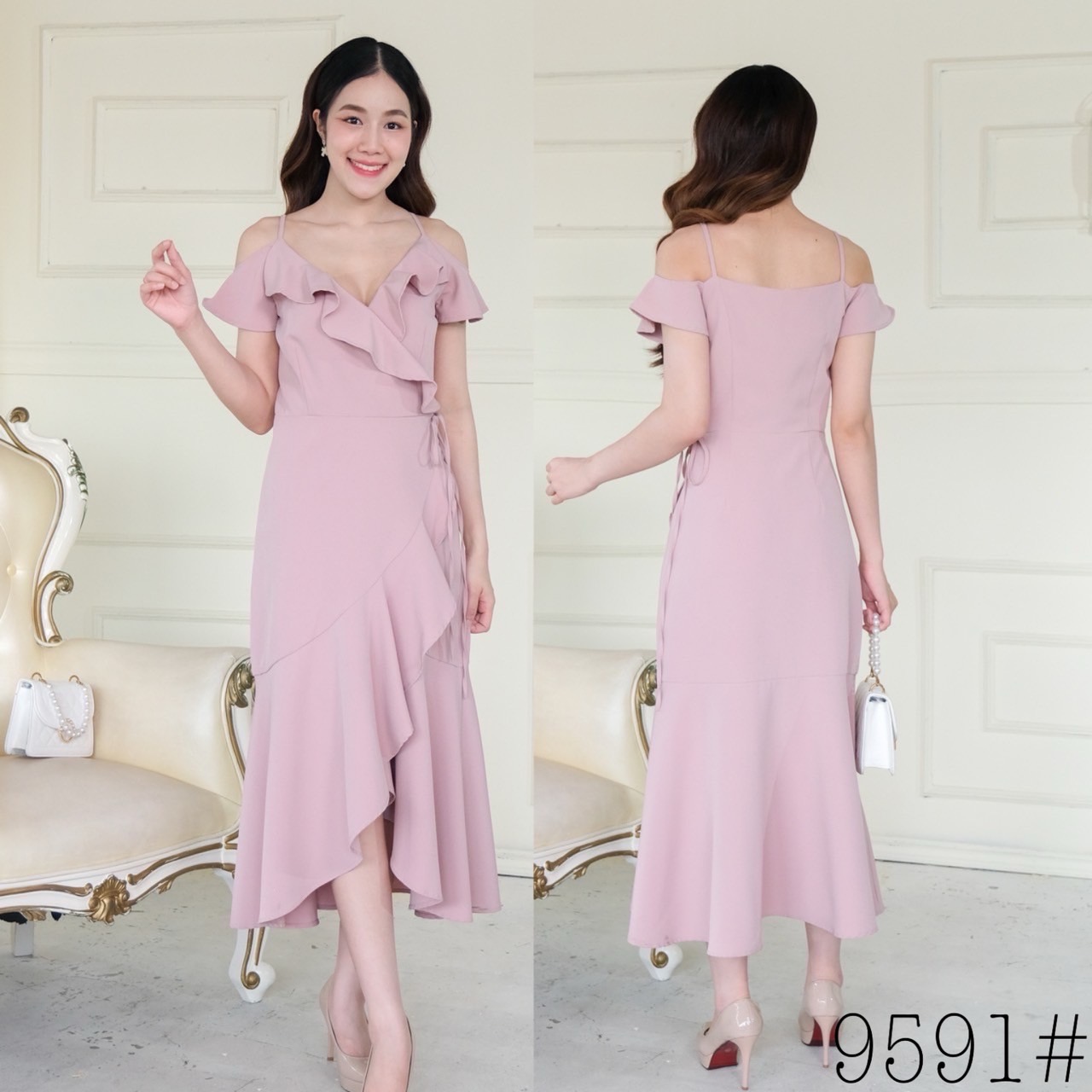 kudapy เดรสยาวสีชมพูตุ่น/สีเขียวมิ้ท์/สีน้ำเงิน/สีชาไทย/สีครีมเบล/สีชมพูเข้ม ผ้าเครปหนา สายเดี่ยวแต่งระบายช่วงแขน กระโปรงหางปลา