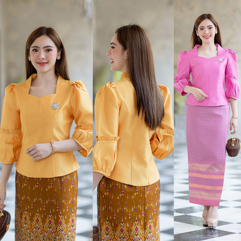 kudapy เสื้อผ้าไหมสีชมพู/สีเหลืองทอง เนื้อผ้าทอสวย เนื้อเบา ใส่สบายผิว มีลายเส้นในตัว