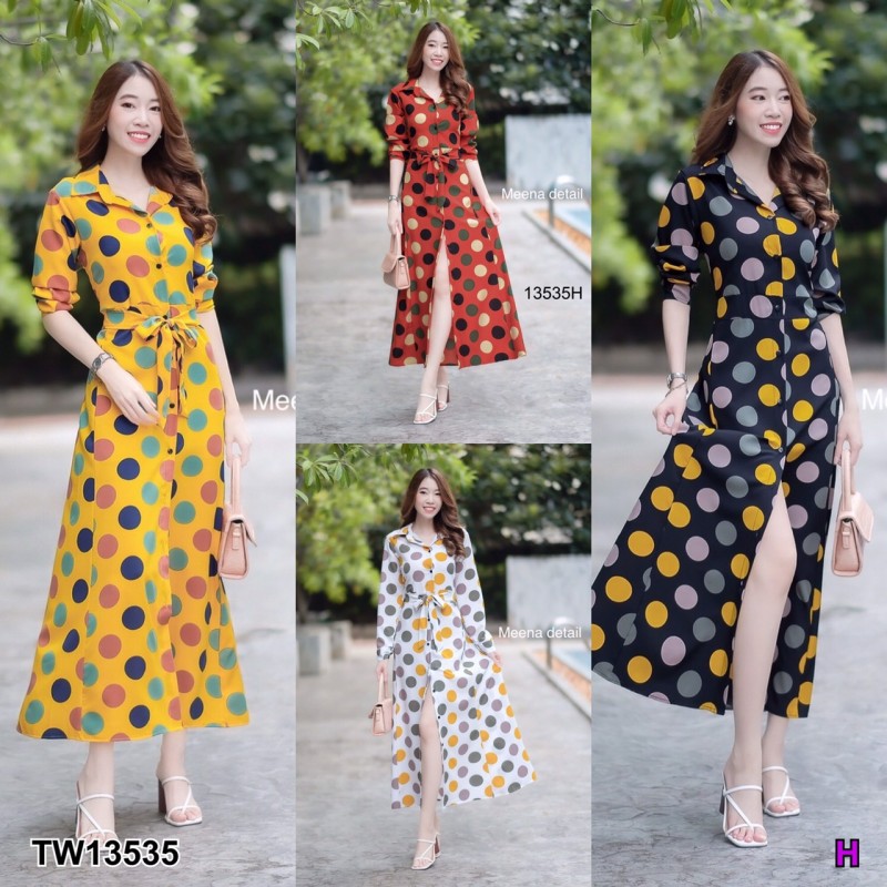 kudapy เดรสยาวสีขาว/สีส้มอิฐ/สีเหลือง ปกเชิ้ต ติดกระดุมด้านหน้า แขนยาว มีโบว์ผูกเอว เนื้อผ้าไหมญี่ปุ่นพิมพ์ลายจุดใหญ่