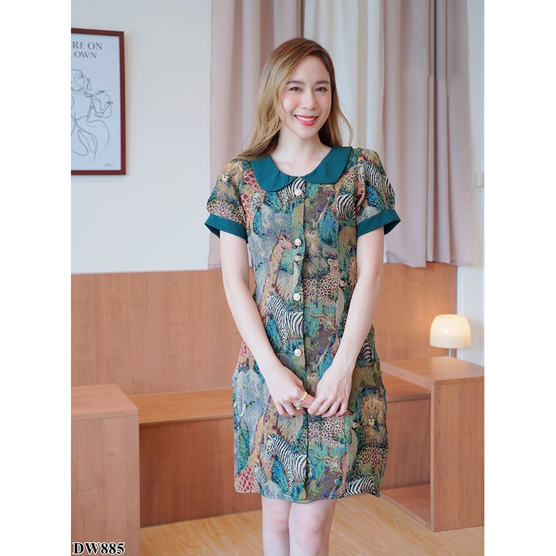 kudapy เดรสสั้นสีชมพู/สีเขียว/สีครีม คอบัวลูกไม้ผ้าทอ