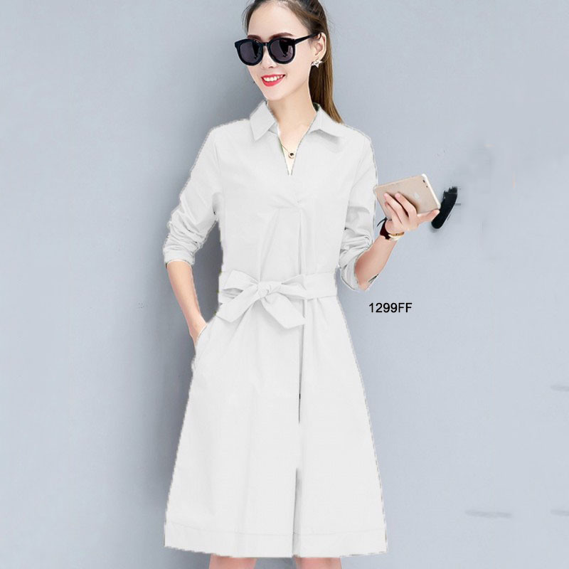 kudapy เดรสสั้นผ้าซาร่าสีพื้นปกเชิ้ต แขนศอก เอวไม่สมม๊อค มีเชือกผูกโบว์เข้ารูปสวยงาน