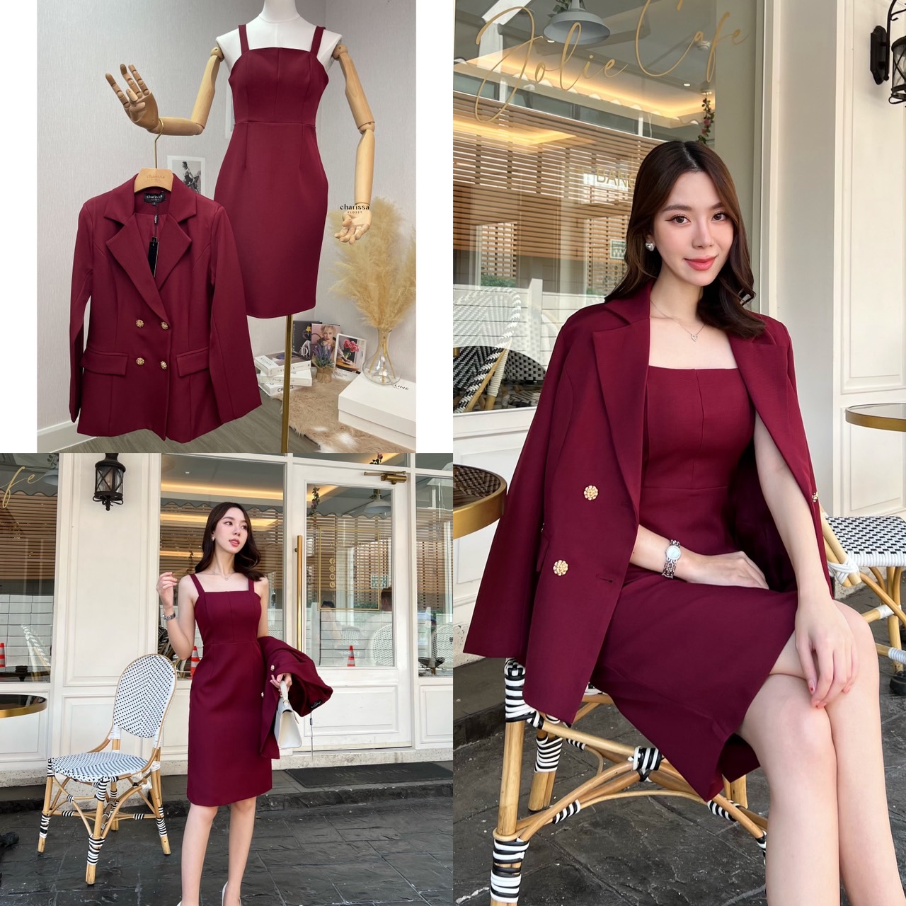 kudapy Setsuit 2 ชิ้น เสื้อสูทออกแบบให้เป็นทรงใหญ่กว่าเดรส+เดรสคอเหลี่ยม ซิปหลัง มีซับในทั้งตัว ใส่สบาย แต่ยังมีความสุภาพ มีฟองน้ำเสริมไหล่บ