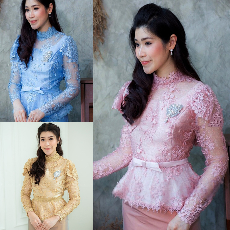 kudapy เสื้อแม่เจ้าสาวสีทองน้ำผึ้ง/สีชมพู/สีฟ้า เสื้อแม่เจ้าบ่าว เสื้อไปงานบุญงานบวช ช่วงไหล่เย็บเสริมยกไหล่ให้ดูสง่า แต่งระบายไปถึงด้านหลัง ช่วงแขนมีซับในอีก1ชั้น เนื้อผ้าปักลูกไม้สวยมากๆค่ะรุ่นนี้ มาพร้อมเข็มขัดโบว์ถอดได้