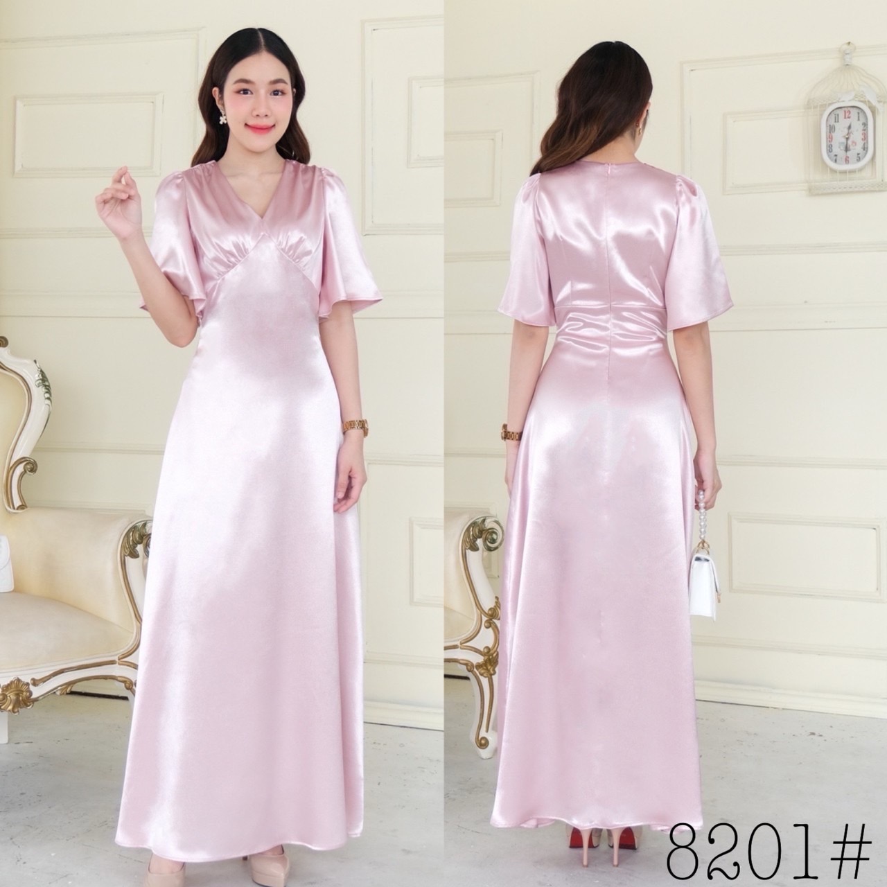 kudapy เดรสยาว แขนระฆัง คอวี คัตติ้งเอวสูง จับจีบใต้อก กระโปรงบานพรางแขน พรางสะโพก ซิปหลังยาว