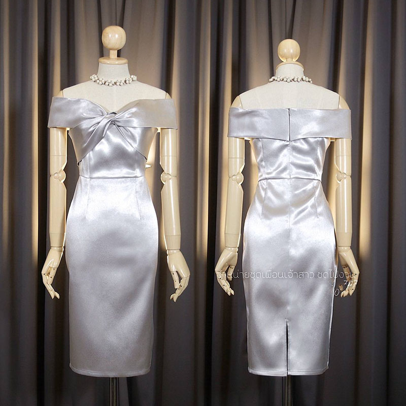 kudapy เดรสสั้นสีส้มอิฐ/สีทองโรสโกลด์/สีเทา เปิดบ่าทวิชอก กระโปรงสอบ ซิปหลังใส่ง่าย เนื้อผ้าดัชเชสอัดกาว