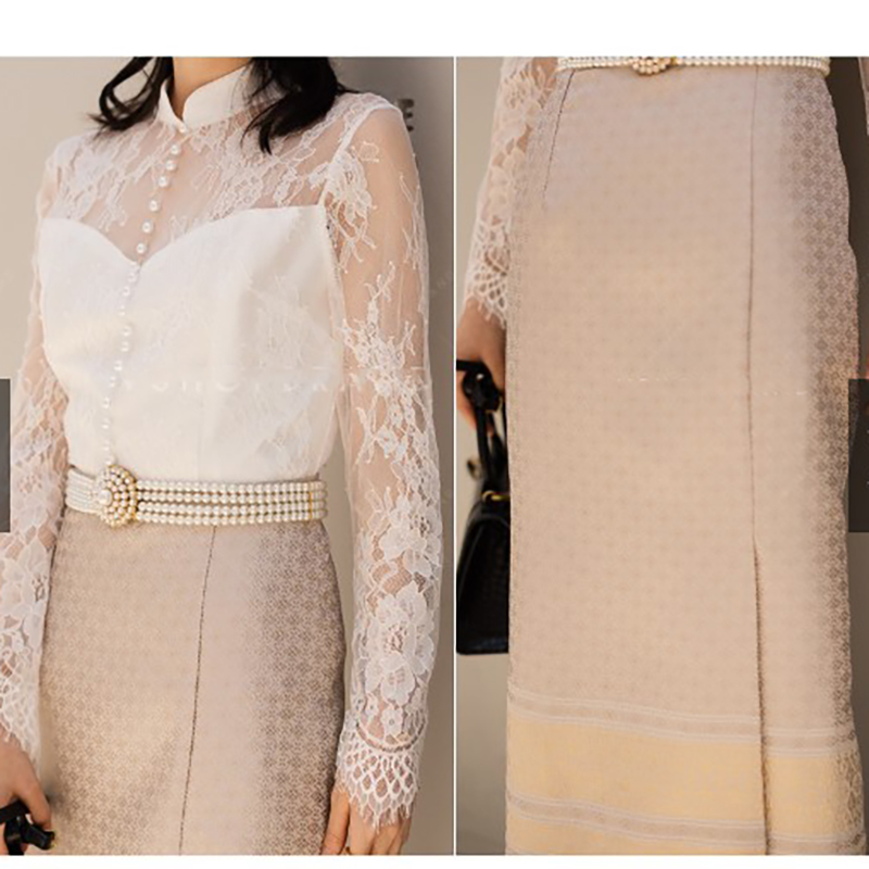 kudapy เซทแยก 2ชิ้น เสื้อลูกไม้สีขาว,สีทอง + ผ้าถุงโทนสีครีมทอง เสื้อลูกไม้แขนยาวคอจีน