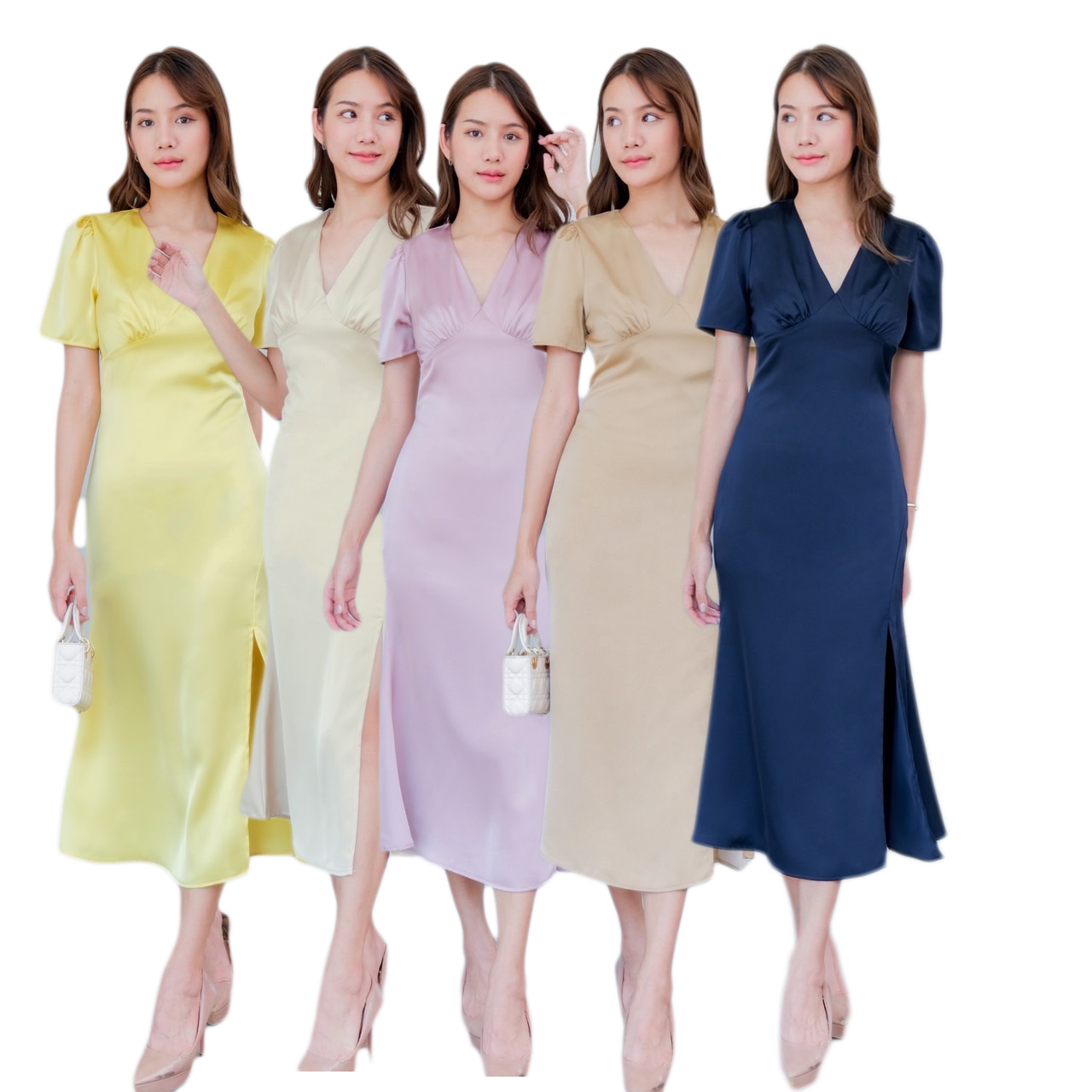 kudapy เดรสยาวสีชมพู ครีมแชมเปญ นำ้ตาล กรมท่า เหลืองมะนาว แขนสั้น เครปซาติน คอวี จีบใต้อก ตีเกร็ดเอว กระโปรงทรงทรงเอ