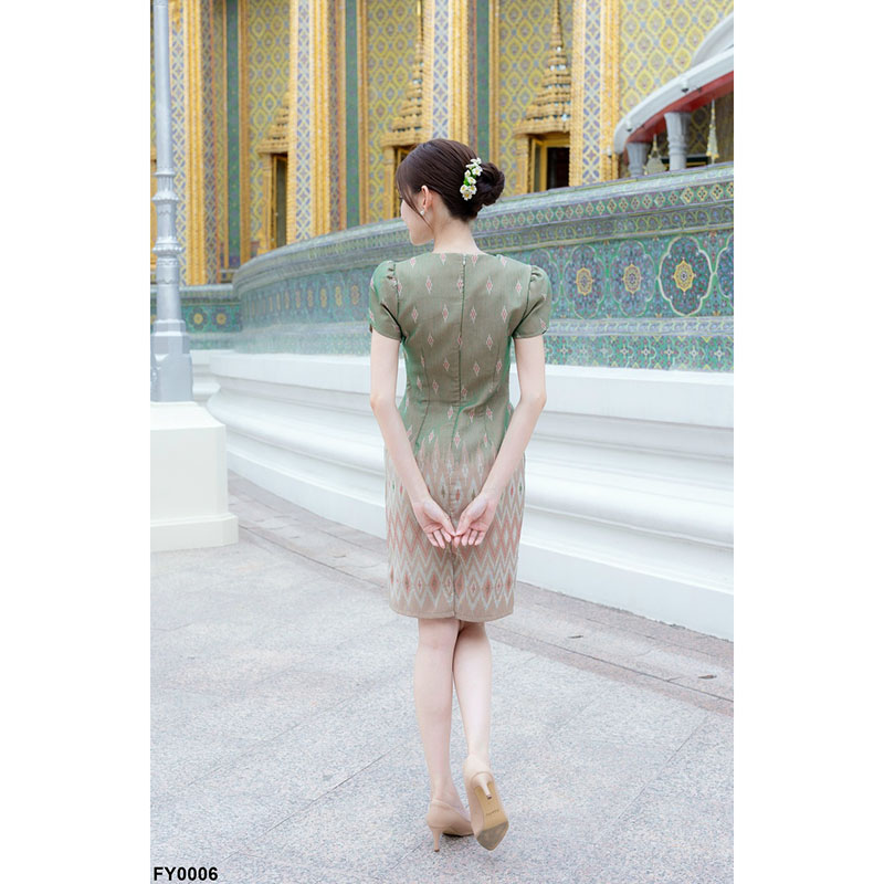 kudapy เดรสสั้นสีฟ้า/สีครีม/สีชมพู ผ้าทอแขนกลีบบัว ผ้าลายไทย ใส่ออกงานสวยดูดี