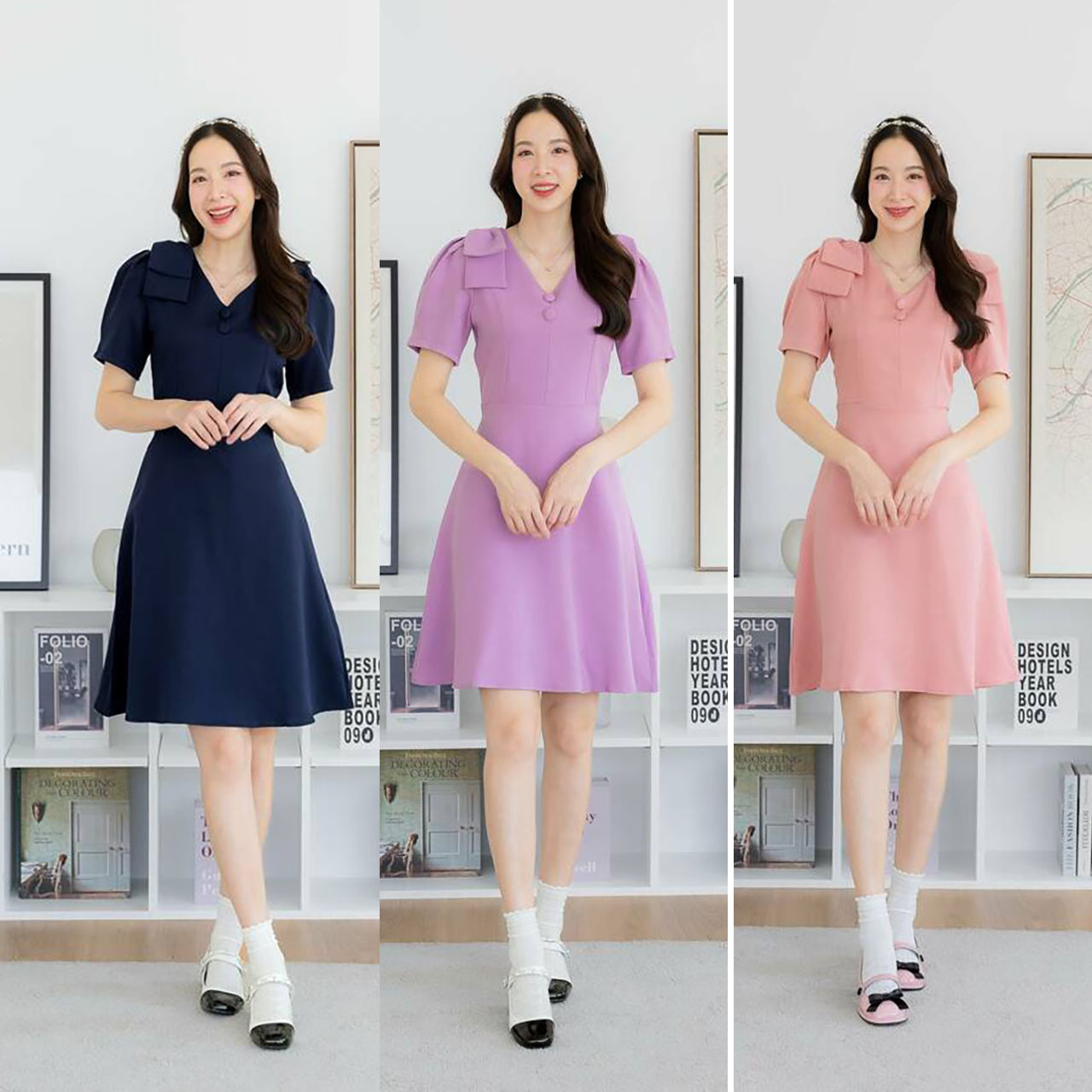 kudapy เดรสสั้นสีม่วง/สีชมพู/สีกรม ผ้าพื้นกระโปรงบานโบว์ไหล่