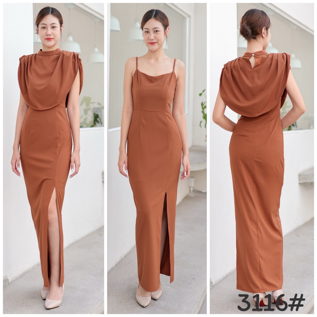 kudapy ชุดราตรีออกงาน สายเดี่ยวเข้ารูป ส่เสื้อคลุมชายโค้ง เนื้อผ้าชีฟองหนา