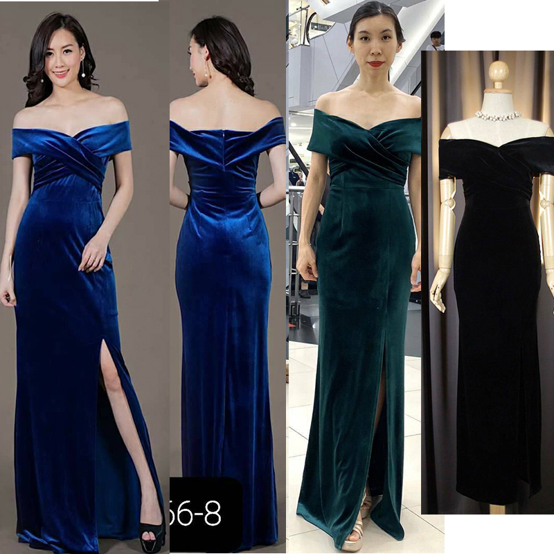 kudapy เดรสยาวสีดำ/สีน้ำเงิน/สีเขียว ผ้ากำมะหยี่ไขว้อก ทรงเปิดบ่า กระโปรงหางปลาผ่าหน้า ทรงนี้เรียบหรู